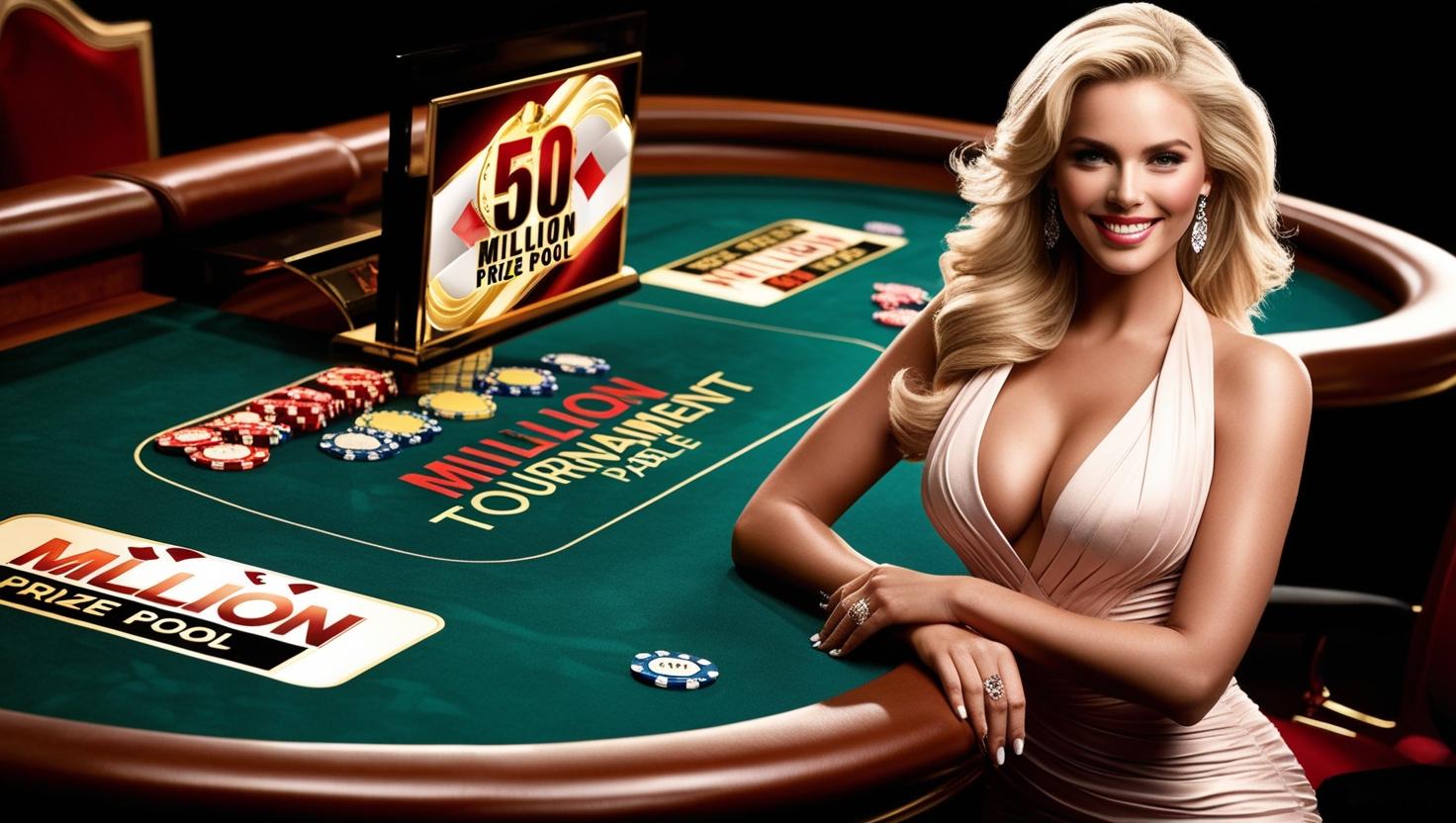 Create a image of a arm candy gorgeous blonde female standing next to a online poker tournament table promoting the tournament with a 50 million prize pool (2)